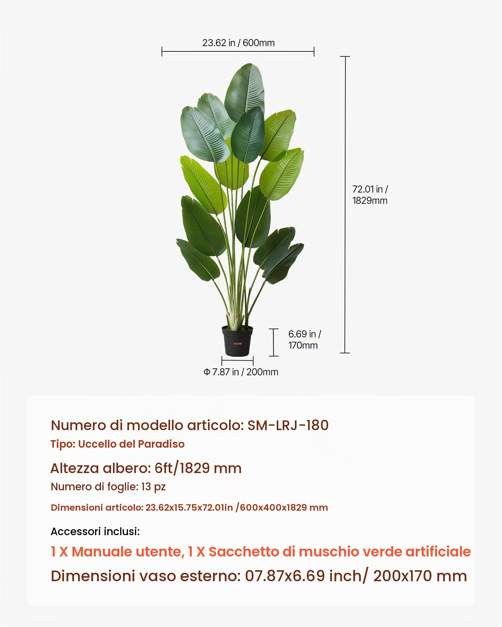 VEVOR Uccello del Paradiso Artificiale, Altezza 1829 mm, Piante Tropicali Finte con 13 Tronchi e Vaso Bianco, Albero di Seta Finto da Pavimento, Grandi Alberi per Casa, Ufficio, Soggiorno
