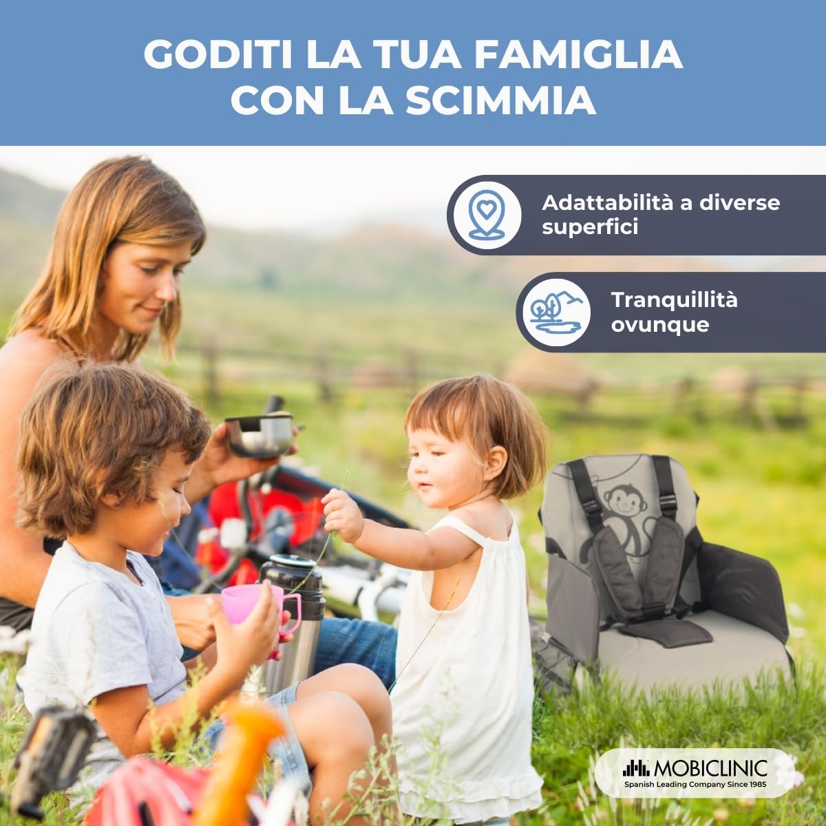 Mobiclinic Seggiolino Portatile Bambini Pieghevole Monkey 6-36 Mesi 15kg Grigio