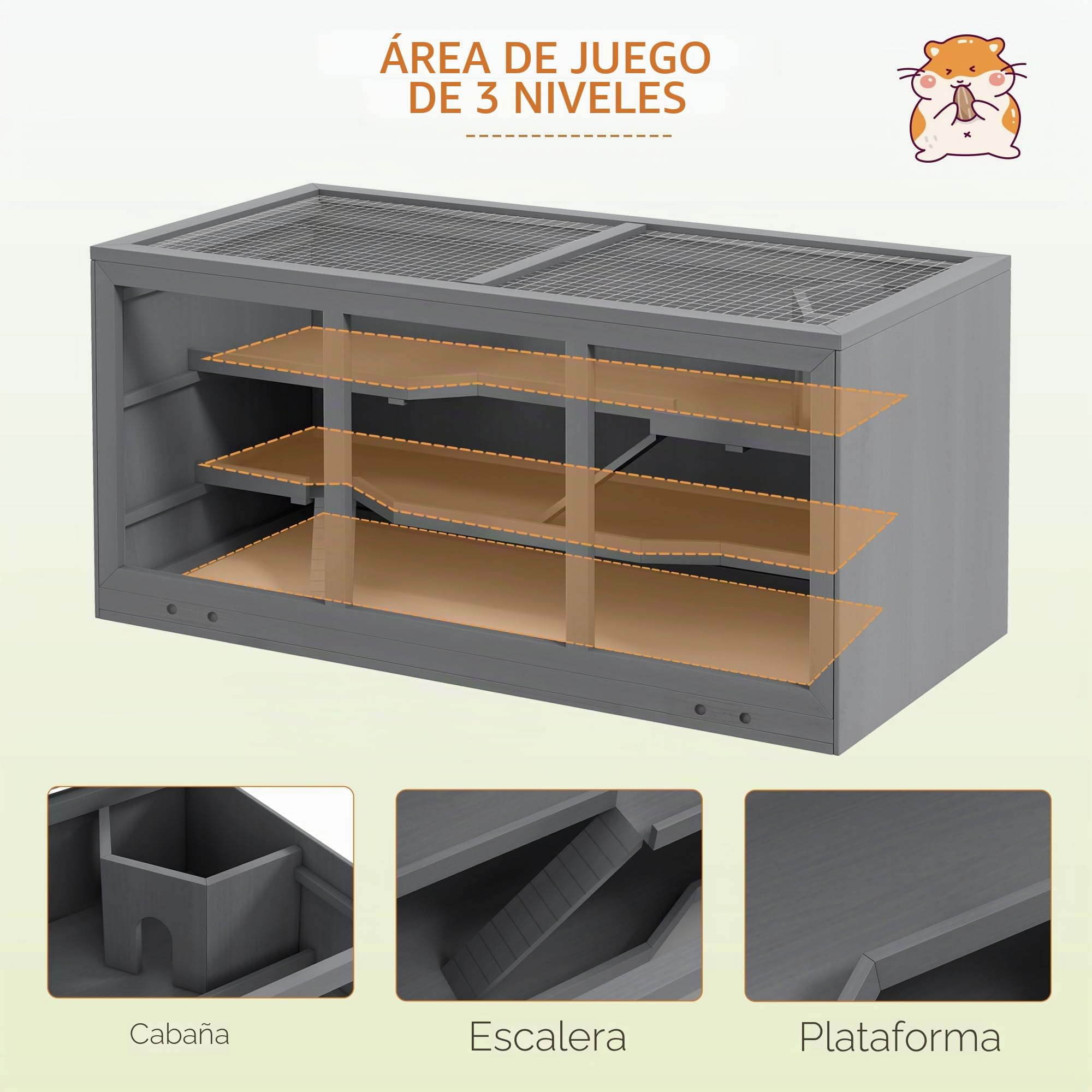 PawHut Jaula de madera para hámster de 3 niveles, con bandeja limpiable, jaula para animales pequeños, con tapa plegable, para hámsters enanos, 115 x 57 x 55 cm, gris