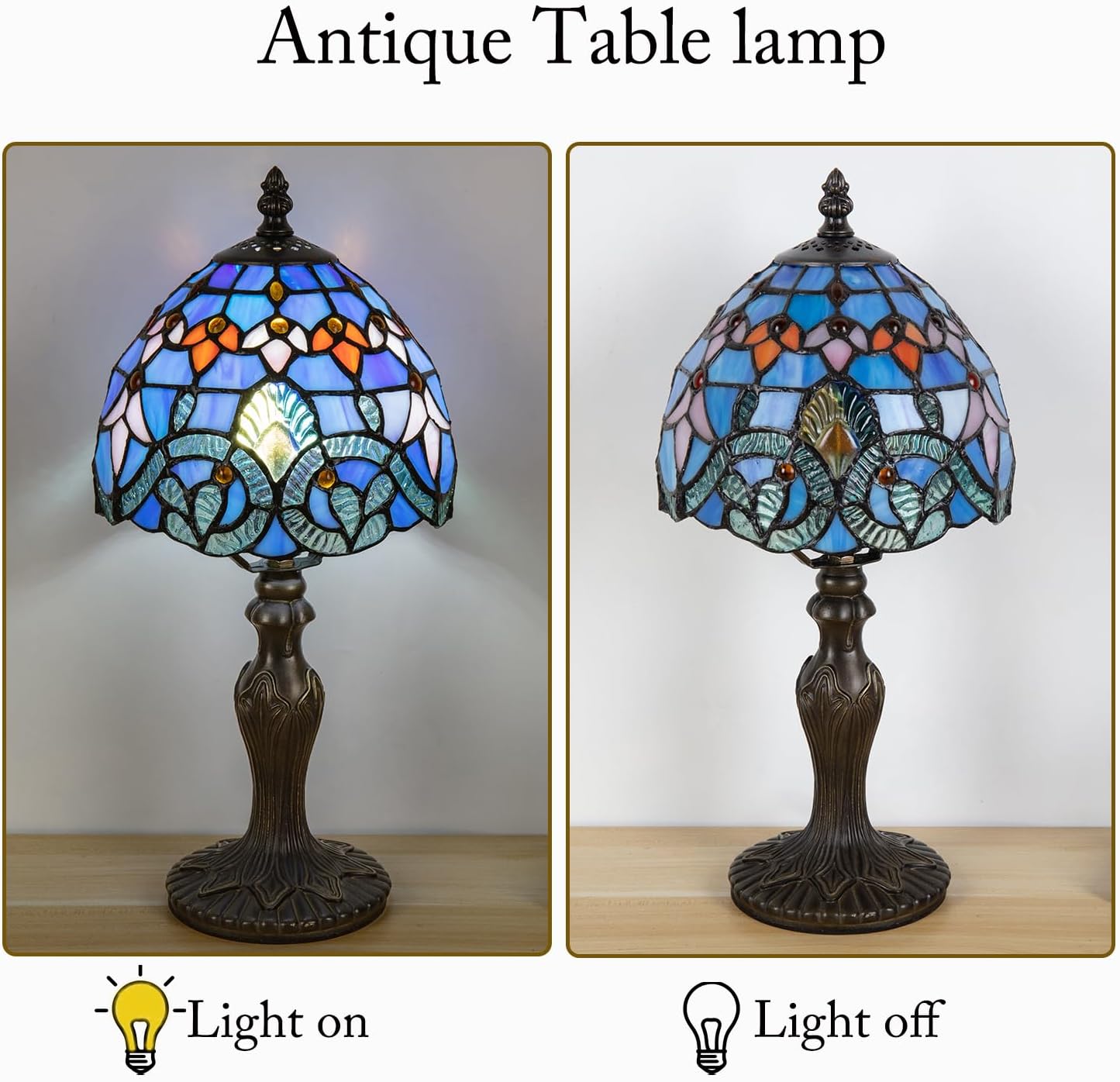 Small Tiffany Style Table Lamp,8 inch Blue Antique Stained Glass 3-Color-Temperature Light for Bedside Living Room Office Decor Home Included LED Bulb