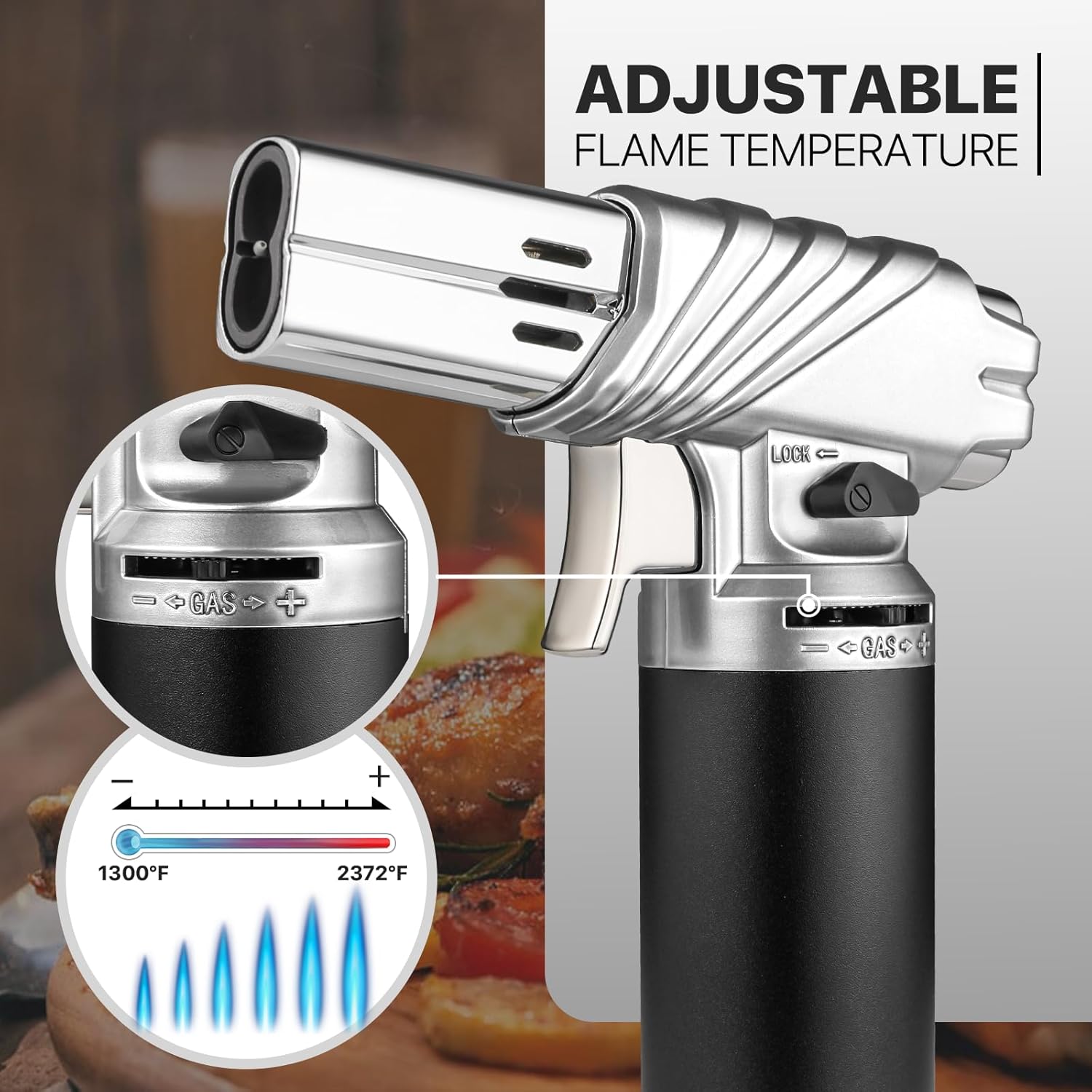 mollie Mini Butane Torch Lighter with Adjustable Flame, Small Refillable Kitchen Cooking Blow Torch for Creme Brulee, Windproof Baking Torch with Safety Lock, Silver 2-Pack (Butane Gas Not Included)