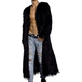 Men's Shaggy Full Length Warm Coat Fluffy Long Sleeve Faux