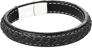 سوار جلد مضفر للرجال من دوندون بدرزات مبطنة بيضاء ومشبك مغناطيسي 21 سم بدون حجر