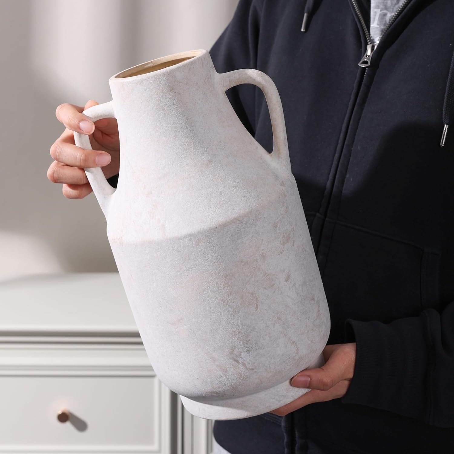 White Ceramic Flower Vase with Handles, 11 in Tall Rustic Farmhouse Pottery Vases Decorative Large Vases for Living Room Entryway Kitchen Table Centerpieces Home Decor