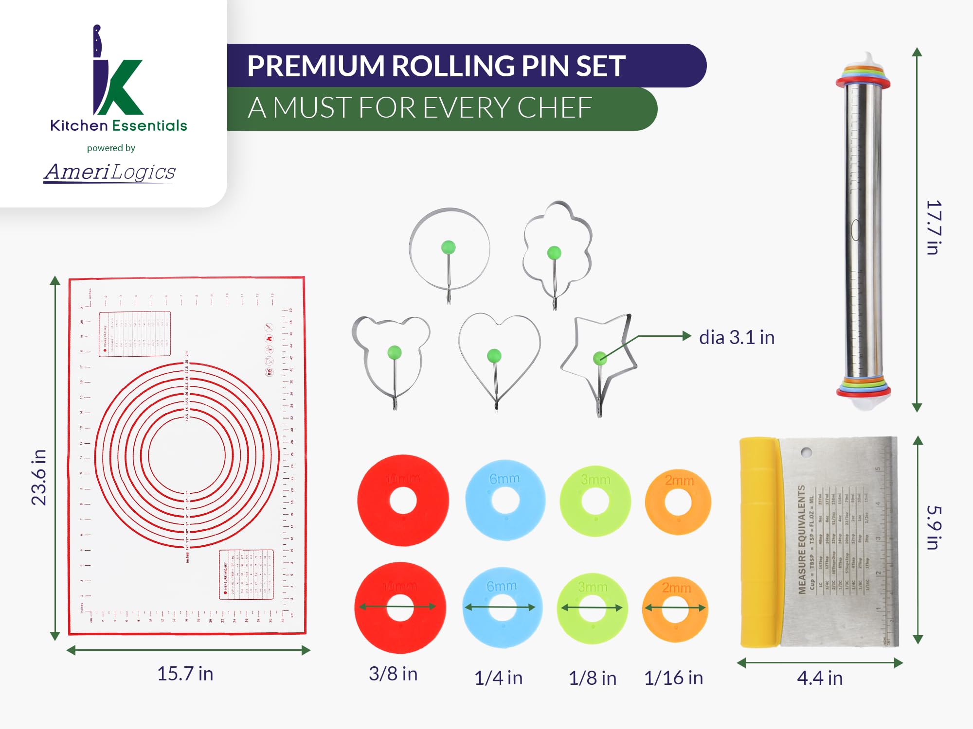 AMERI LOGICS Stainless Steel Rolling Pin with Thickness Rings - Rolling Pins Set for Baking - Incl Baking Mat, Cookie Cutters & Dough Scraper