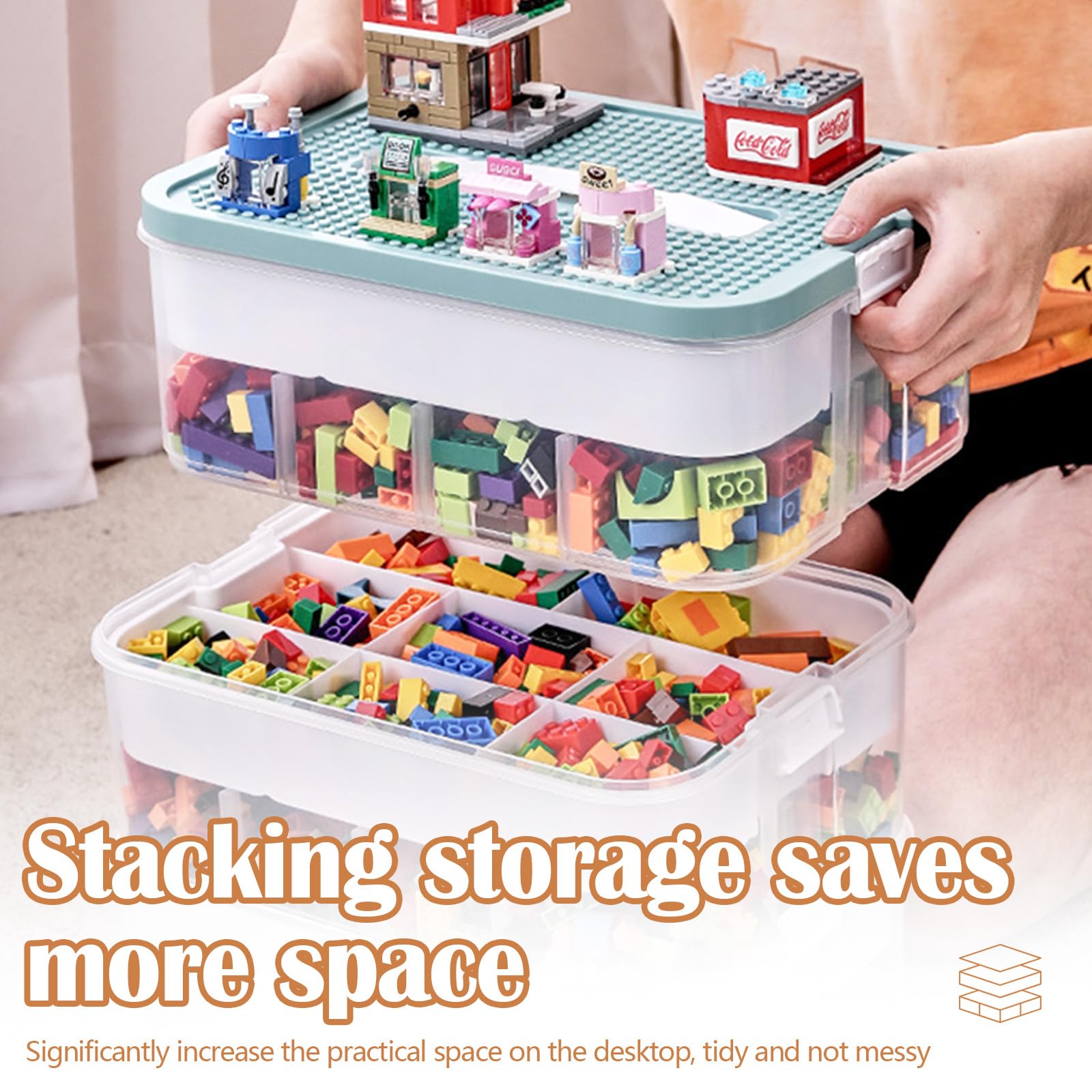 Boite Rangement Plastiquee pour Lego Briques, 3 Couches Boite Rangement avec Couvercle, Jouets Empilable Organiseur Transparent avec Compartiments pour Ranger les Jouets, Coffre a Jouet