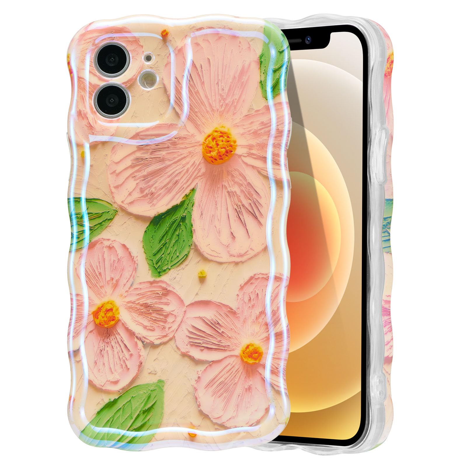 EYZUTAK Case for iPhone 15, Colorful Retro Oil Painting Flower Laser Beam Glossy Pattern Cute Curly Waves Border Exquisite Phone Cover Stylish Durable Soft TPU Protective Case for Girls Women - Green — view 36