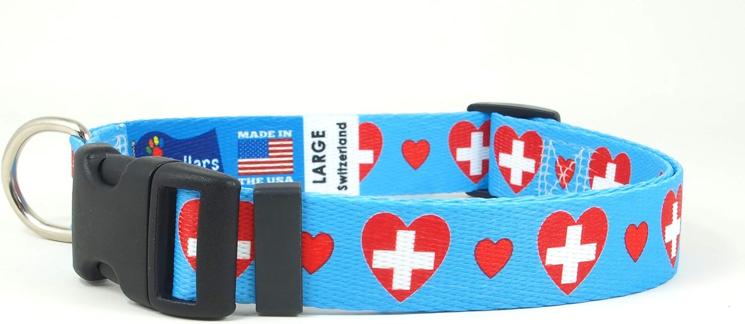 I Love Switzerland Dog Collar | Great for Swiss Holidays, Special Events, Festivals, Parades and Every Day Strong | USA Made | XSmall Small Medium Large XLarge