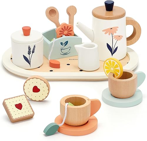 Juego de té de madera para niños pequeños, juego de fiesta de té de madera para niños, juego de juguetes de comida, accesorios de cocina, fiesta de