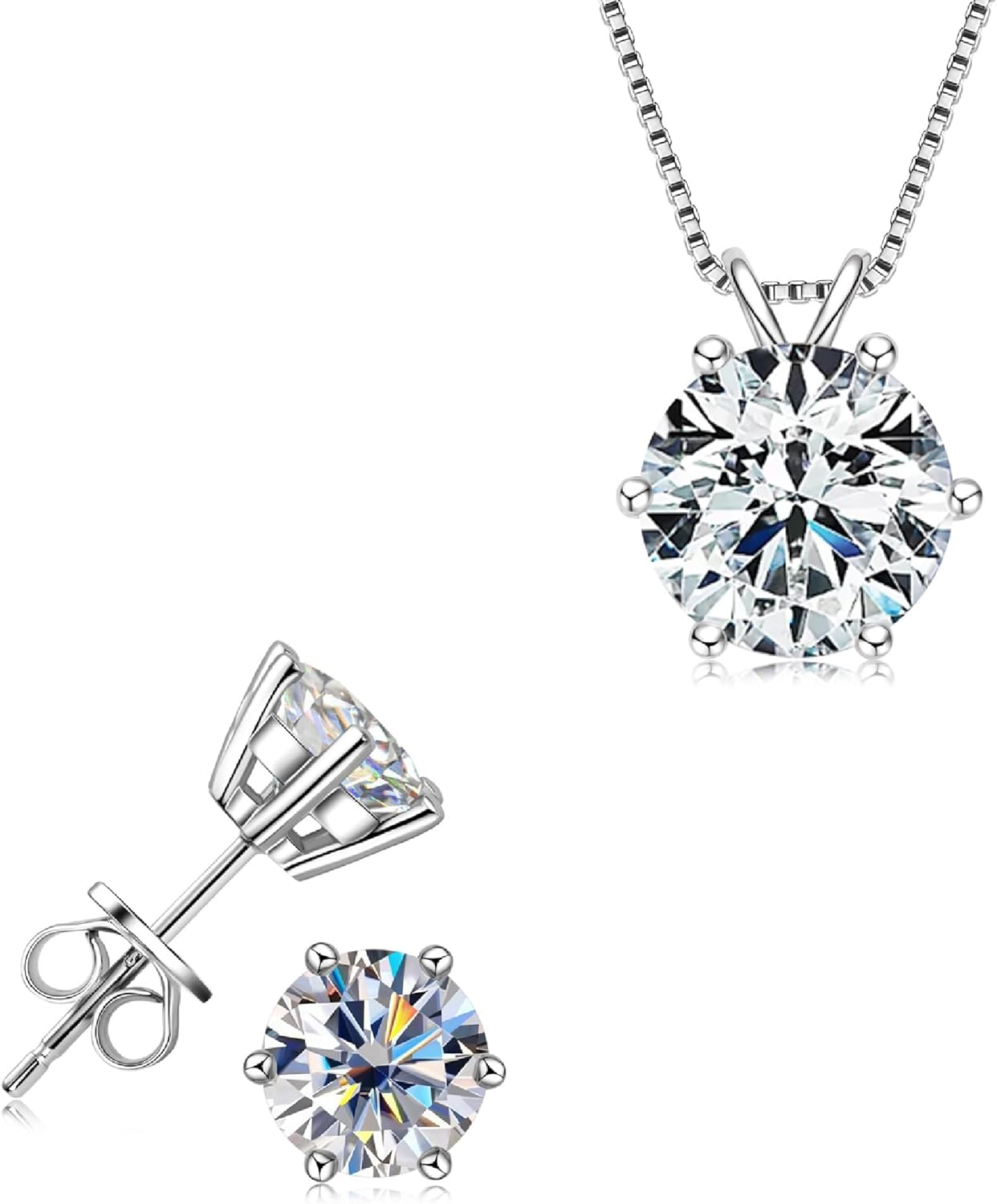 925 Sterling Silver Moissanite Jewelry Set - Round Cut Pendant Necklace & Stud Earrings - Adjustable Chain 16-18 - Hypoallergenic - Certified - Premium Gift Box Included