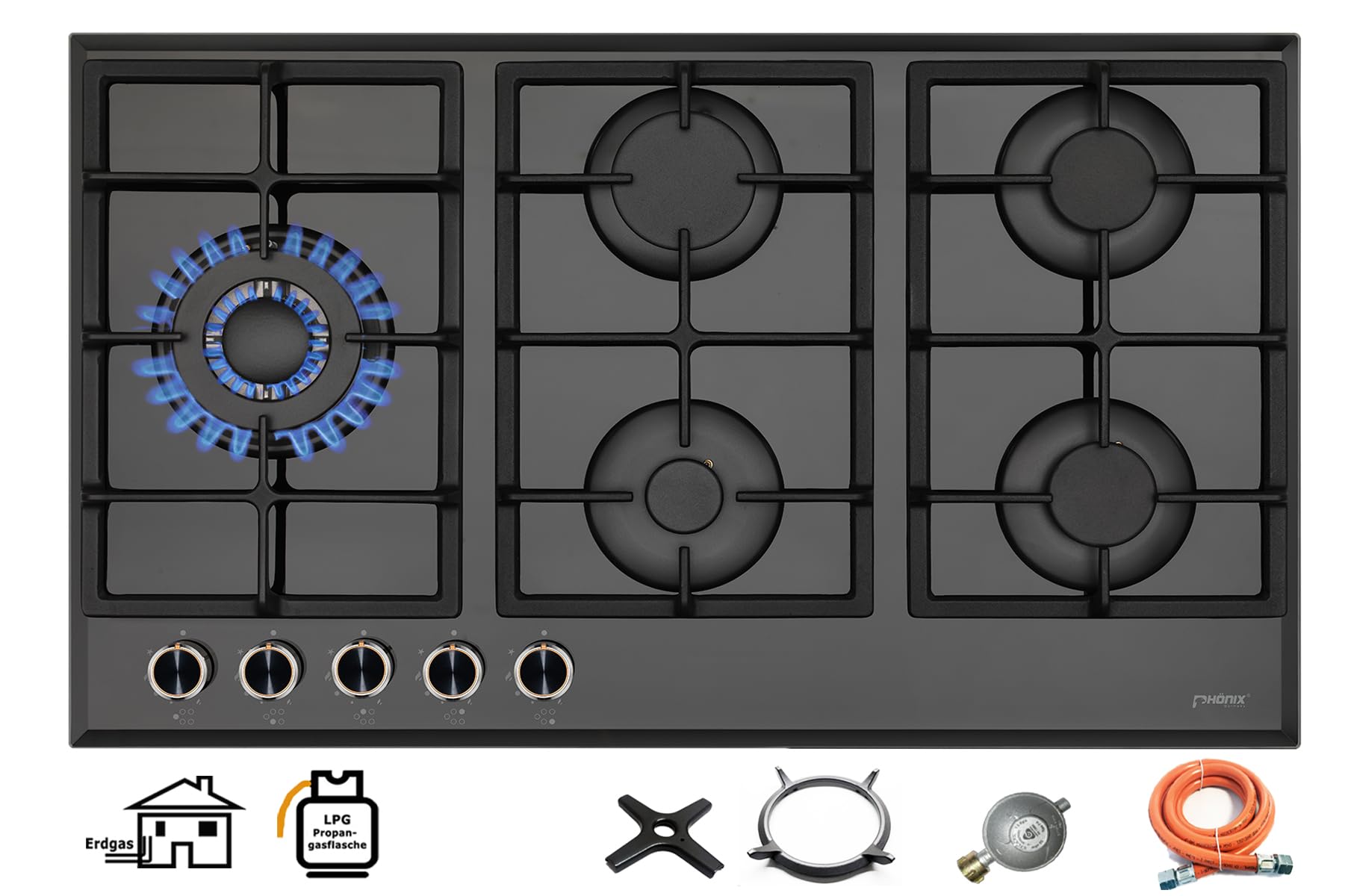 Phönix PG-901LT encimera de gas empotrada cocina de gas de vidrio 5 placas autosuficientes (independiente/empotrada- placa de gas) incl. conjunto de regulador de manguera de gas