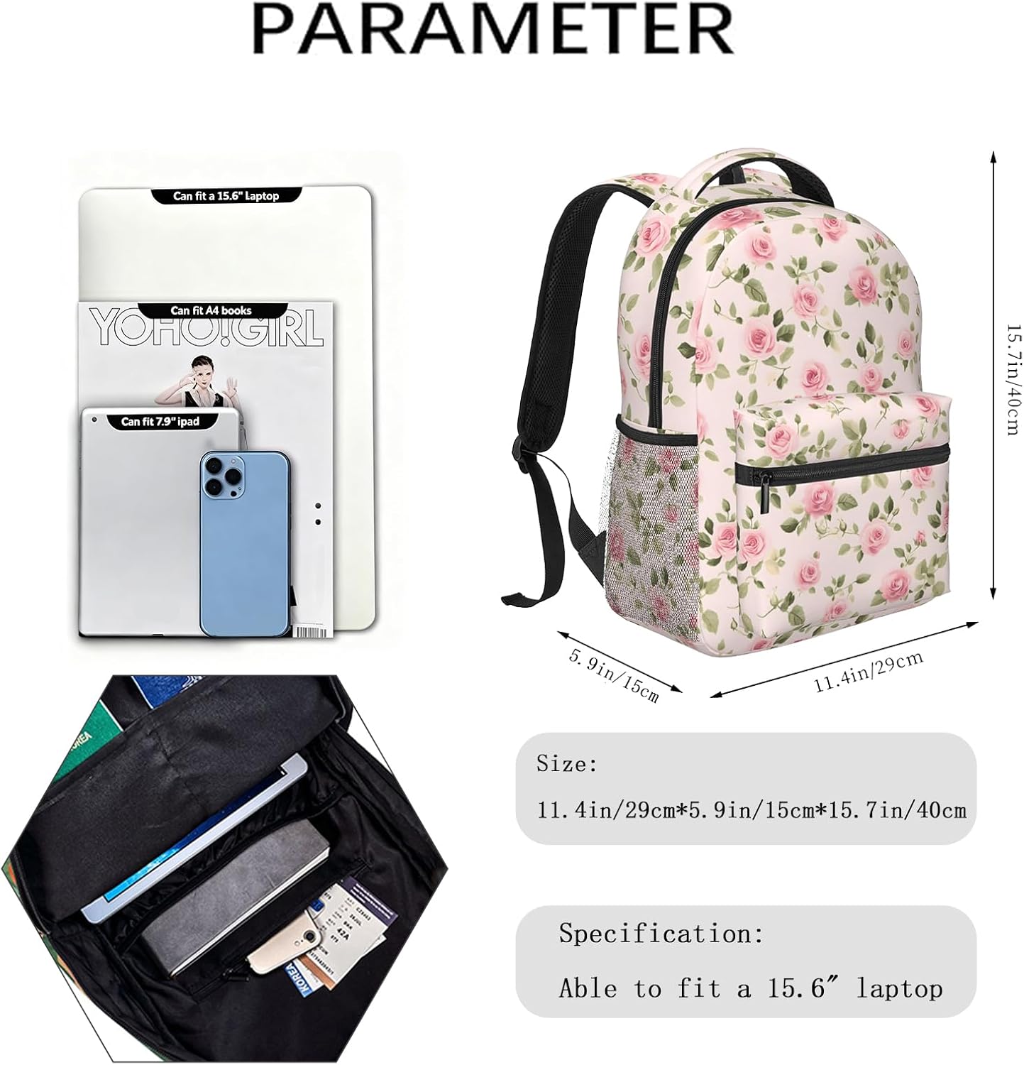 Floral Pink Rose Casual Backpack, Lightweight Laptop Bag Daypack, Elegant Flower Backpacks for Women Men Teens Students, Artistic Romantic Polyester Bookbag Gifts for School Work Travel Hiking