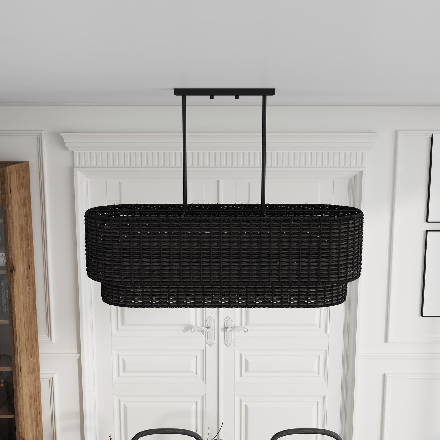 Aiwen 3-Light Rattan Chandeliers, 35.03 inch Farmhouse Black Chandelier with Rattan Lampshade, Boho Chandelier Hand-Woven Rattan Pendant Light Fixture for Kitchen Island Dining Room