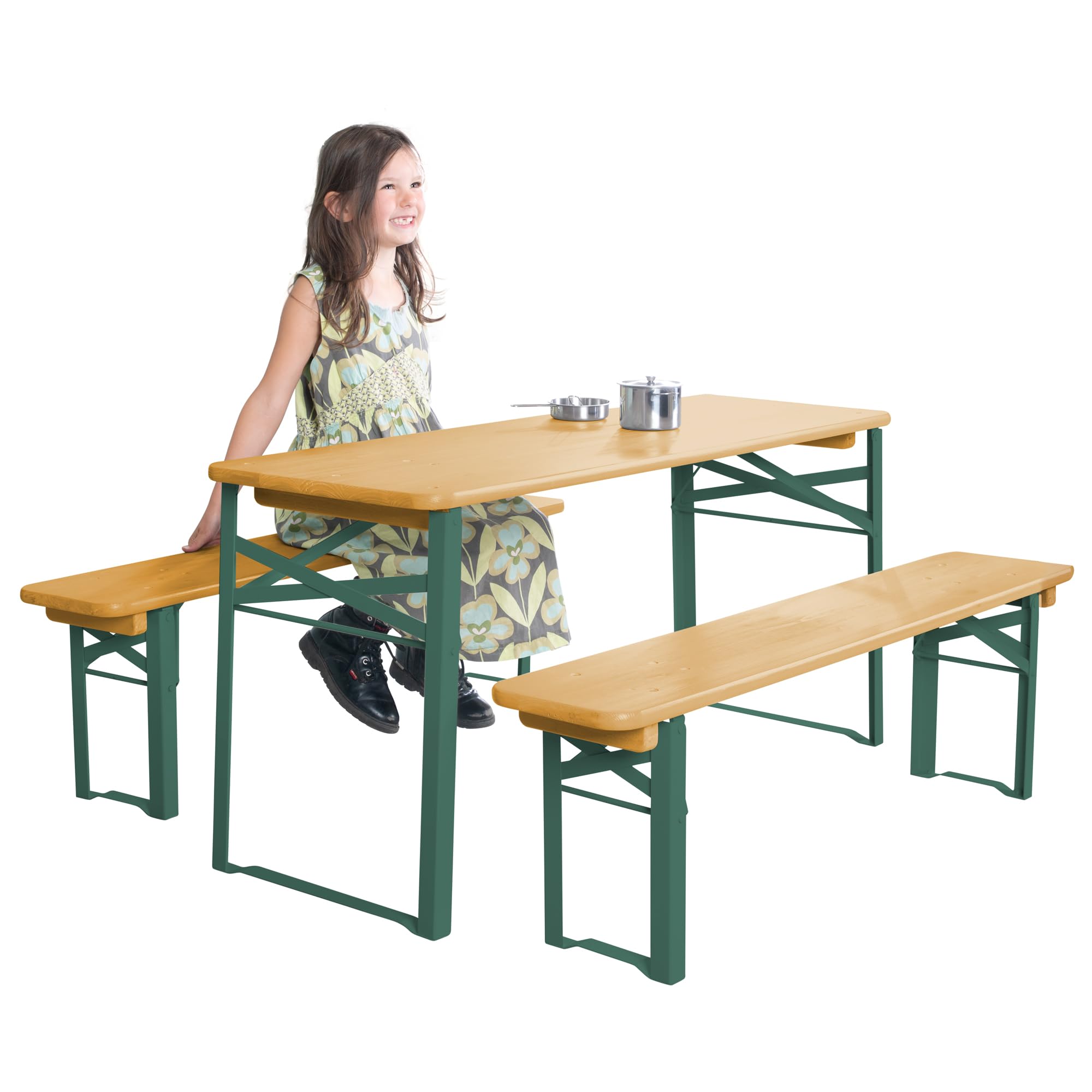 roba Set Tavolo + 2 Panche con Schienale per Bambini - per Giardino, Terrazzo, Aria Aperta - Pieghevole - Salvaspazio - con Angoli Arrotondati - da 24 Mesi - Legno Laccato in Teak