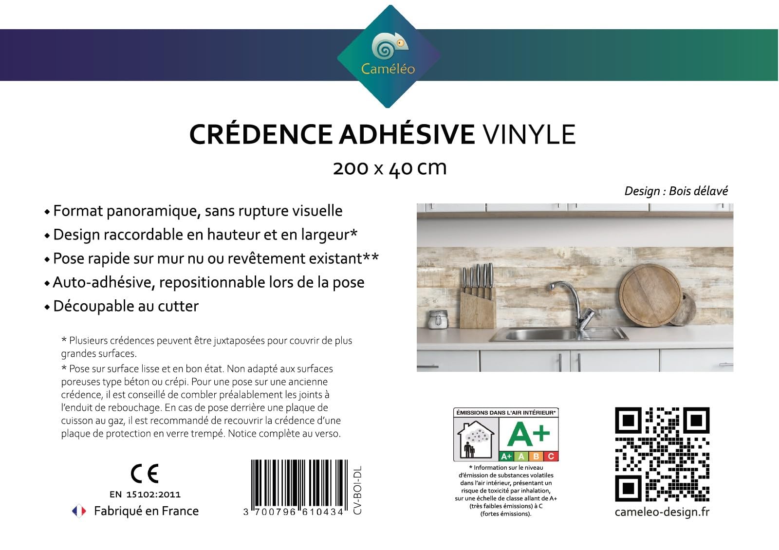 CAMELEO Crédence cuisine adhésive vinyle imitation bois délavé, 200 x 40 cm - Convient aussi comme adhésif décoratif pour meuble - résistant et imperméable