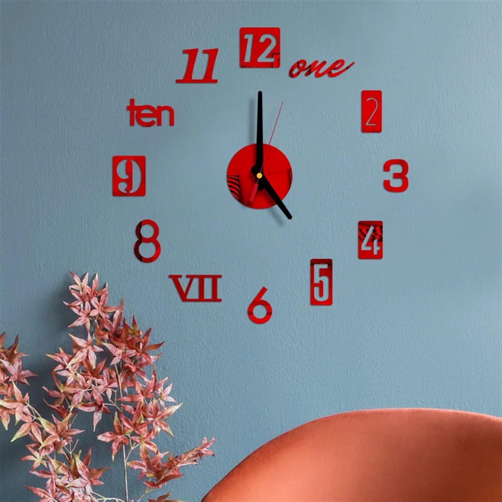Grande Horloge Murale Horloge Murale à Faire soi-même, Surface Miroir 3D autocollante, décoration de Bureau à Domicile(Red)
