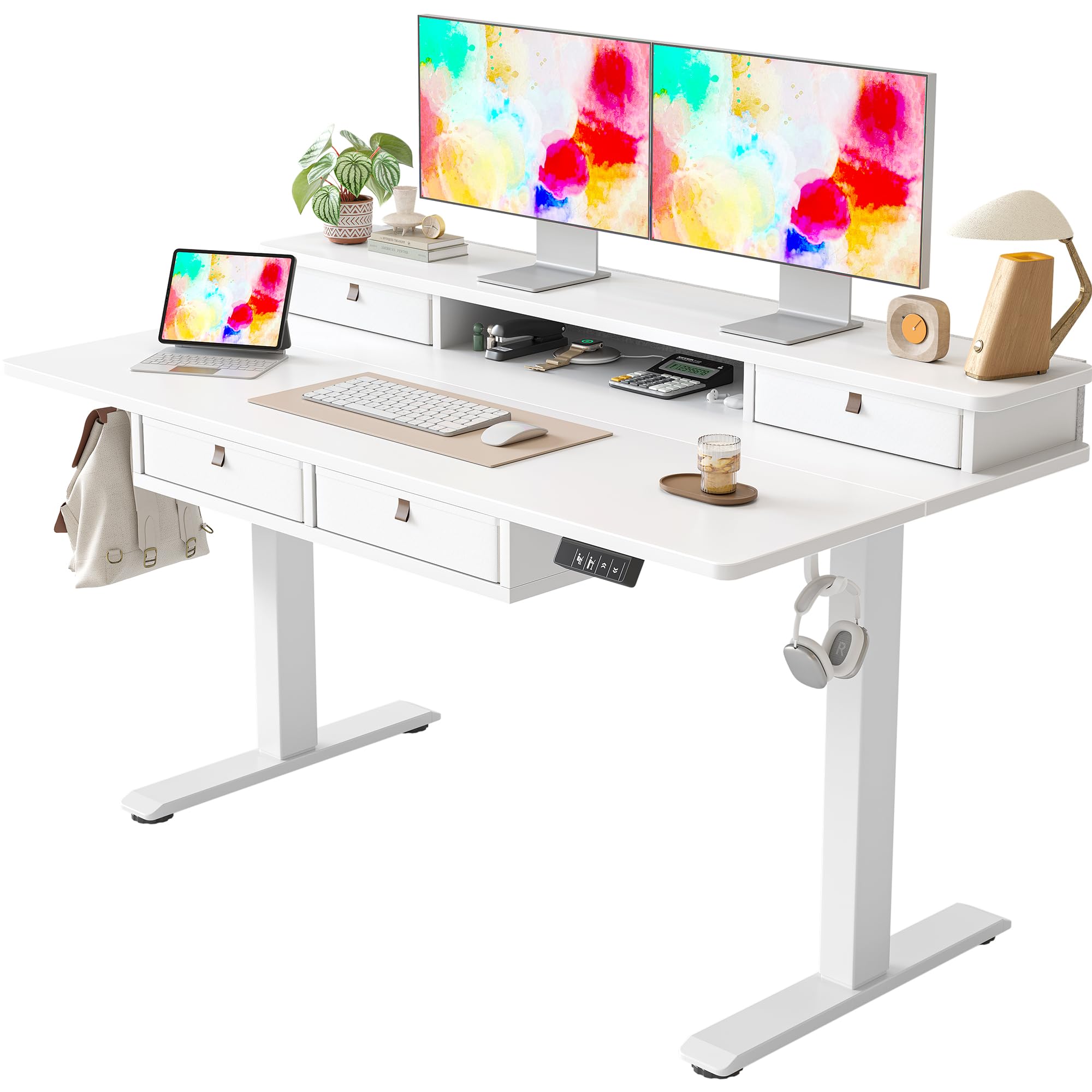 Photo 1 of *** PARTS ONLY *** TIQLAB 55 * 28 Inch Standing Desk with Four Drawers, Electric Sit Stand Table, Stand Up Desk Adjustable Height with Storage Shelf, Splice Board, White