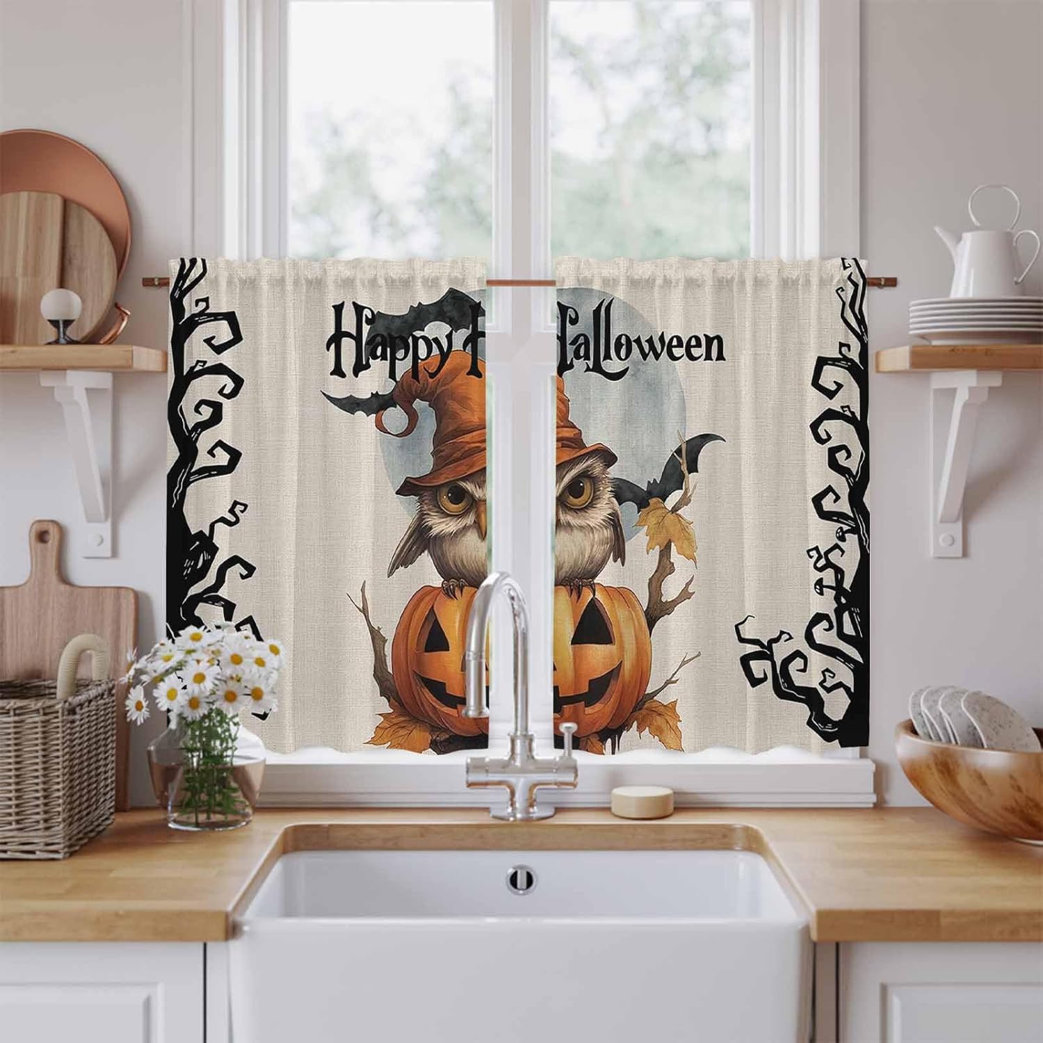 Happy Halloween Kitchen Tier Curtains 45 Inch Long 2 Panel Set,Rod Pocket Short Window Treatment,Owl Pumpkin Teal Moon Black Branches Curtains & Drapes for Bathroom Basement 27.5"W x 45"L