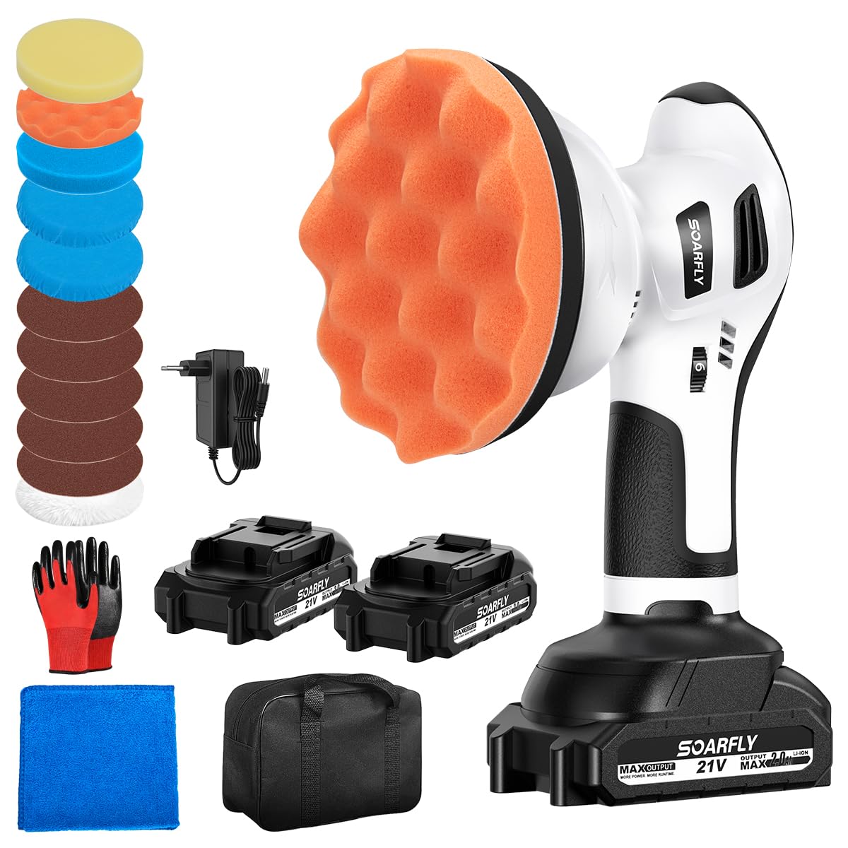 SOARFLY Poliermaschine Auto Akku, Exzenter Poliermaschine Akku mit 2x2.0Ah 21V Batterie, 6 variable Geschwindigkeiten, 3200–6600 U/min, für die Autodetailing, Scheinwerfer Aufbereitung