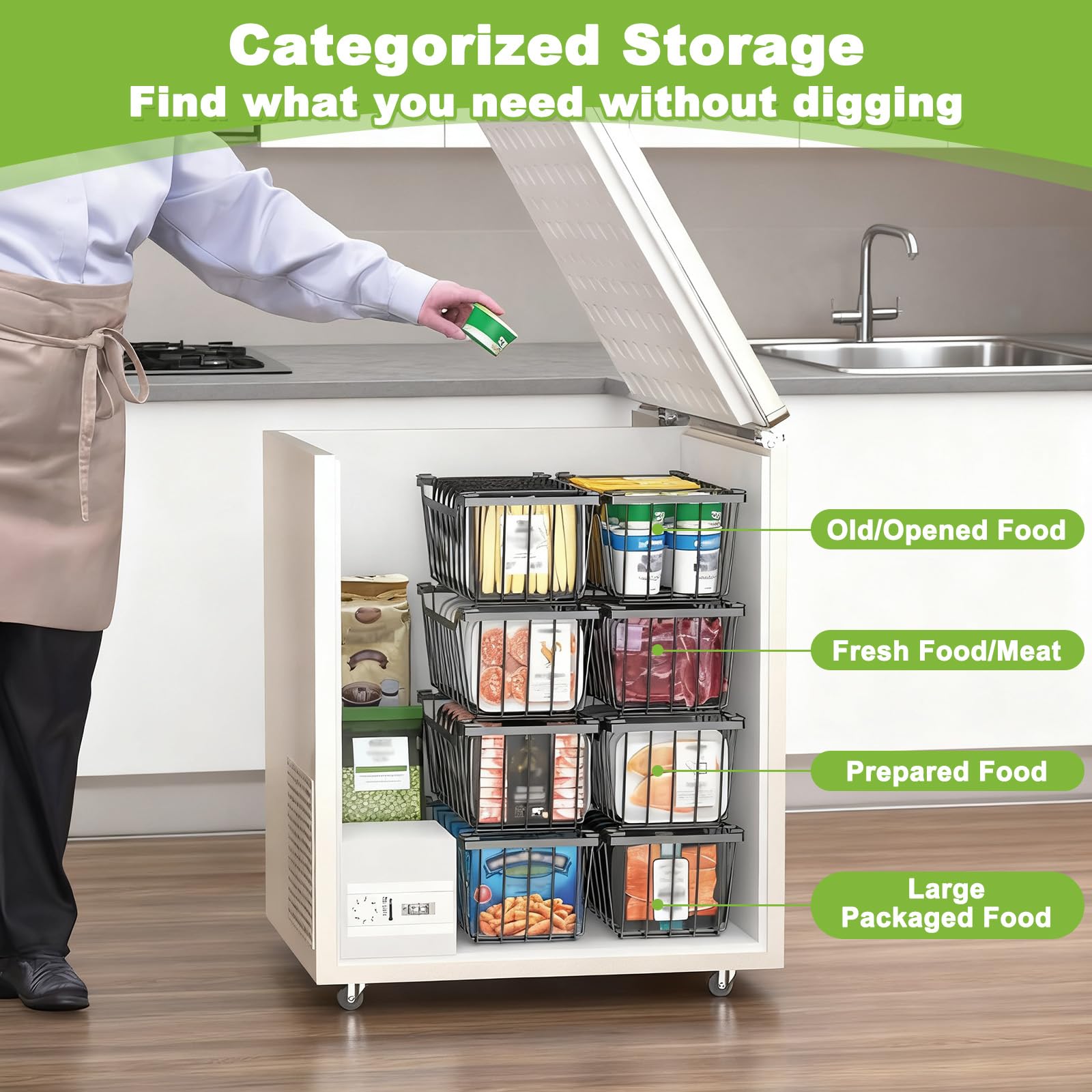 4 Cesti Congelatore con Manici, Contenitori Organizer Congelatore Pozzetto Filo Metallico Impilabile, Cesto Metallo Freezer Cestini Portaoggetti Frigorifero per Facile Accesso Agli Alimenti Surgelati
