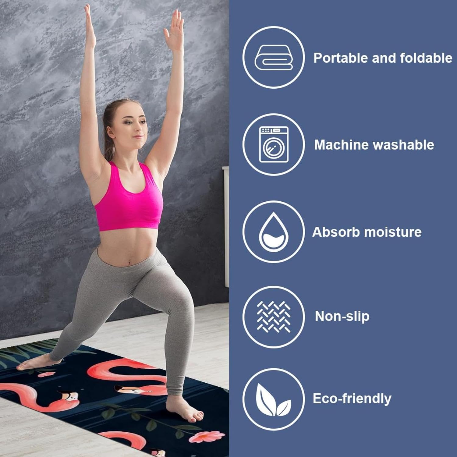 Yoga Towel, Tropical Flamingo Pattern Non Slip Sweat Absorbent Hot Yoga Mat Towel for Hot Yoga, Pilates and Fitness - 72.8" x 26.8"