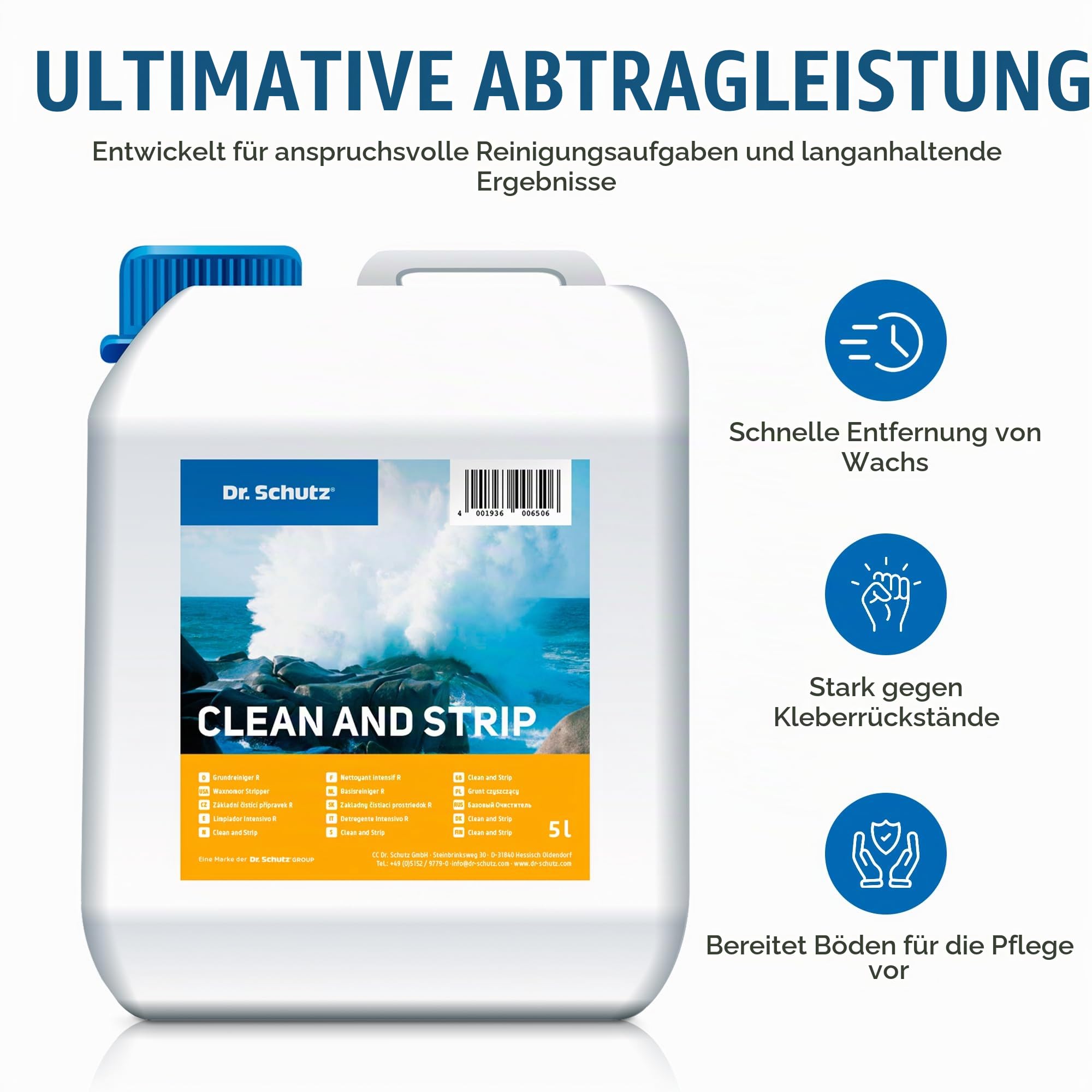 Dr. Schutz Grundreiniger R 5 L für elastische Bodenbeläge | Bodenreiniger für Vinyl, PVC, CV, Linoleum, Naturstein, Kunststein, Kautschuk | Kunststoffreiniger, WPC-Reiniger, Fliesenreiniger
