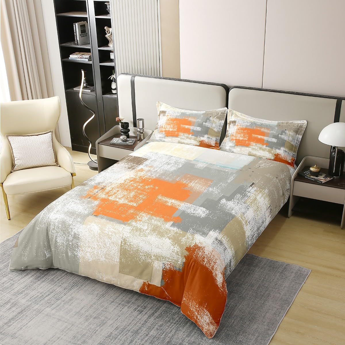 Orange Coton Housse de Couette 240x260 Gris Brun Foncé Ensemble de Literiepeinture À l'huile Moderne Housse de Couette Confortablegraffiti Aquarelle Art Literie Set avec 2 Taies d'oreiller