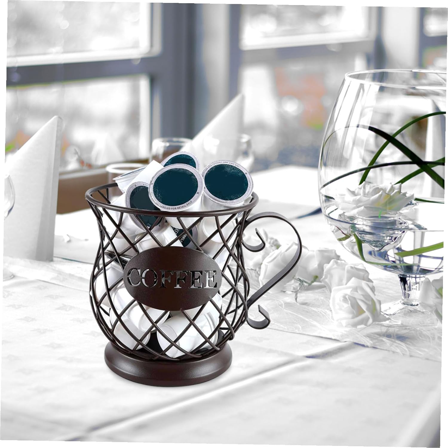 YARNOW Metal Coffee Pod Holder and Cup Storage Basket Brown Coffee Organizer for Countertop for Kitchen