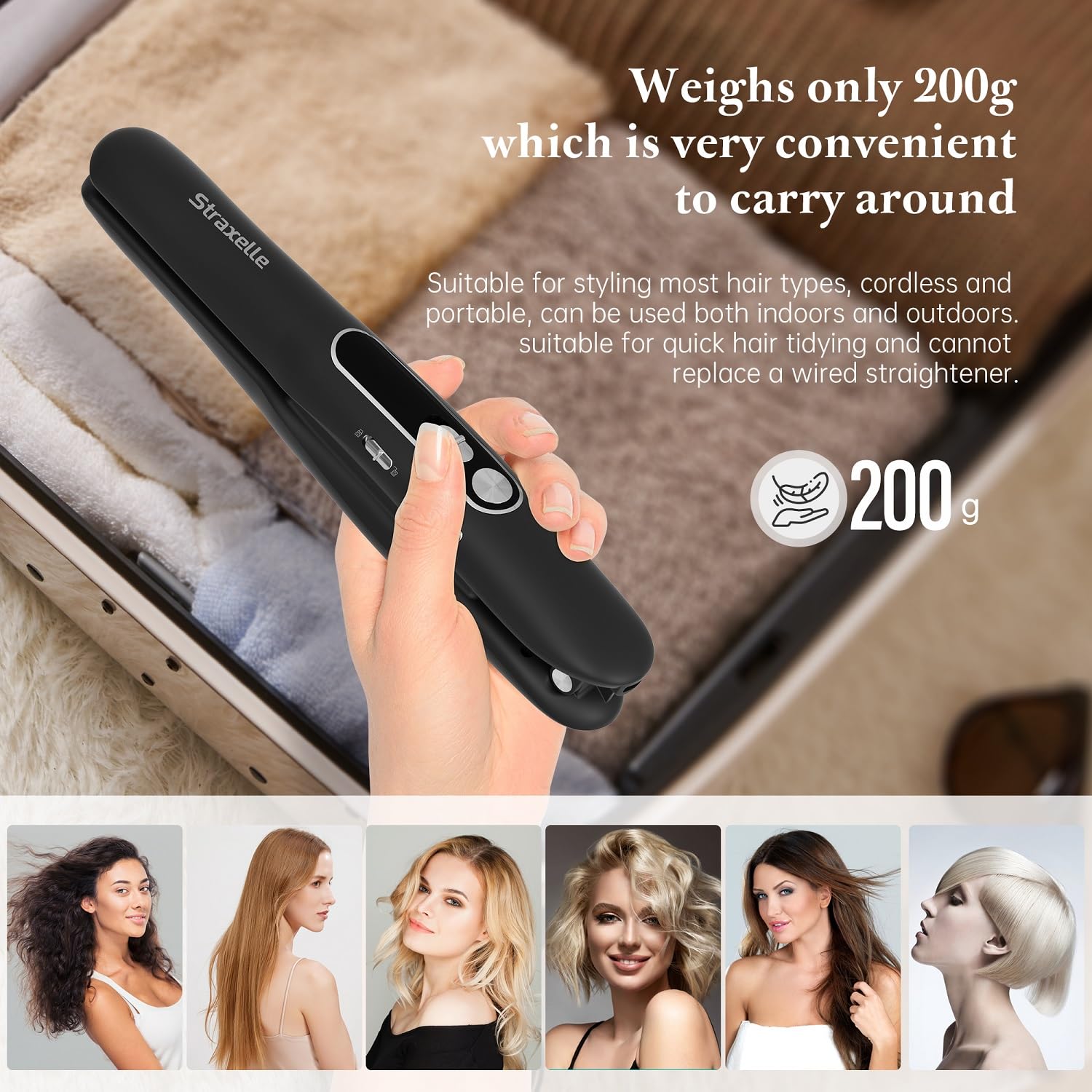 Mini Piastra da Viaggio per Capelli Senza Fili, 2 in 1 Piastra Capelli Senza Fili e Arricciacapelli, 175℃-215℃ Piastre per Capelli Corti per Donne/Uomini, 5000mAh Cordless Hair Straightener (Nero)