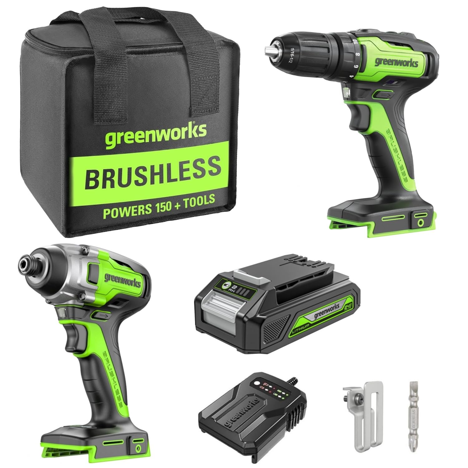 Greenworks Set di attrezzi a batteria da 24 V, trapano avvitatore a percussione 35 Nm, batteria da 2 Ah, caricabatterie