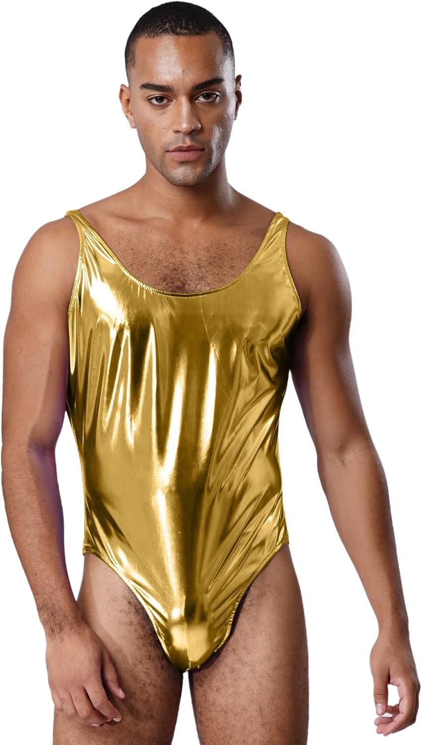 Freebily Mens Shiny Metallic Bodysuit Rave Outfits Jockstrap Wrestling Singlet Leotard Party Clubwear