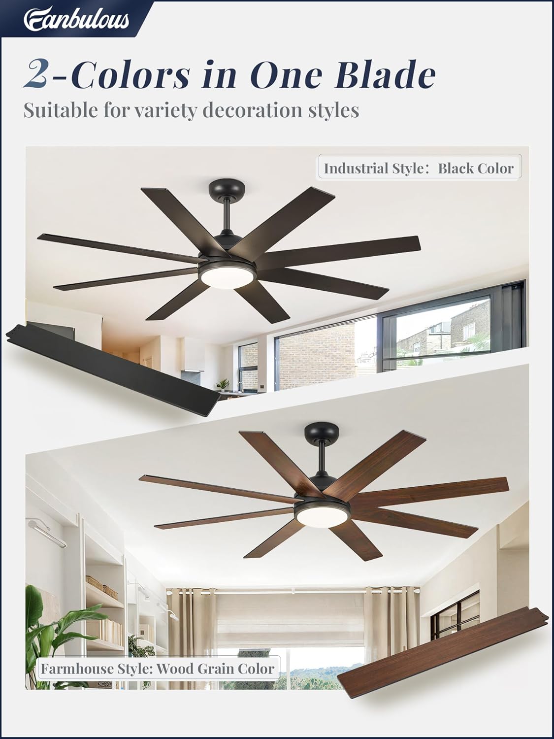 Ceiling Fans with Lights, 60 inch Black Ceiling Fan with Light and Remote, Outdoor Ceiling Fans for Living Room Patio, 6 Speeds, Reversible Quiet DC Motor, 3 CCT, Bi-color 8 Blades - Image 4