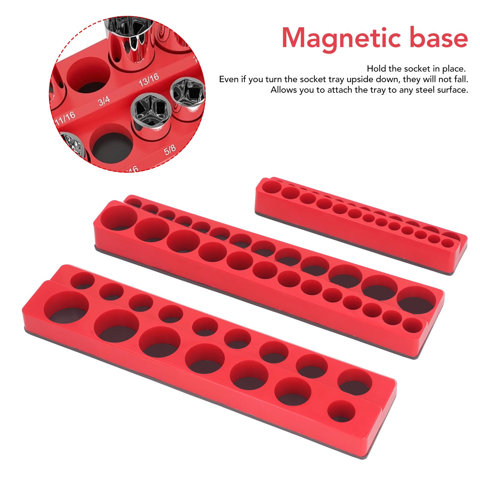 Organizzatore Portaprese Magnetico 3 Pezzi con Vassoio Portaoggetti, Bussole in Plastica 1/4 3/8 1/2 Pollice, Set 68 Pezzi per Cassetta Attrezzi - Grande Capacità
