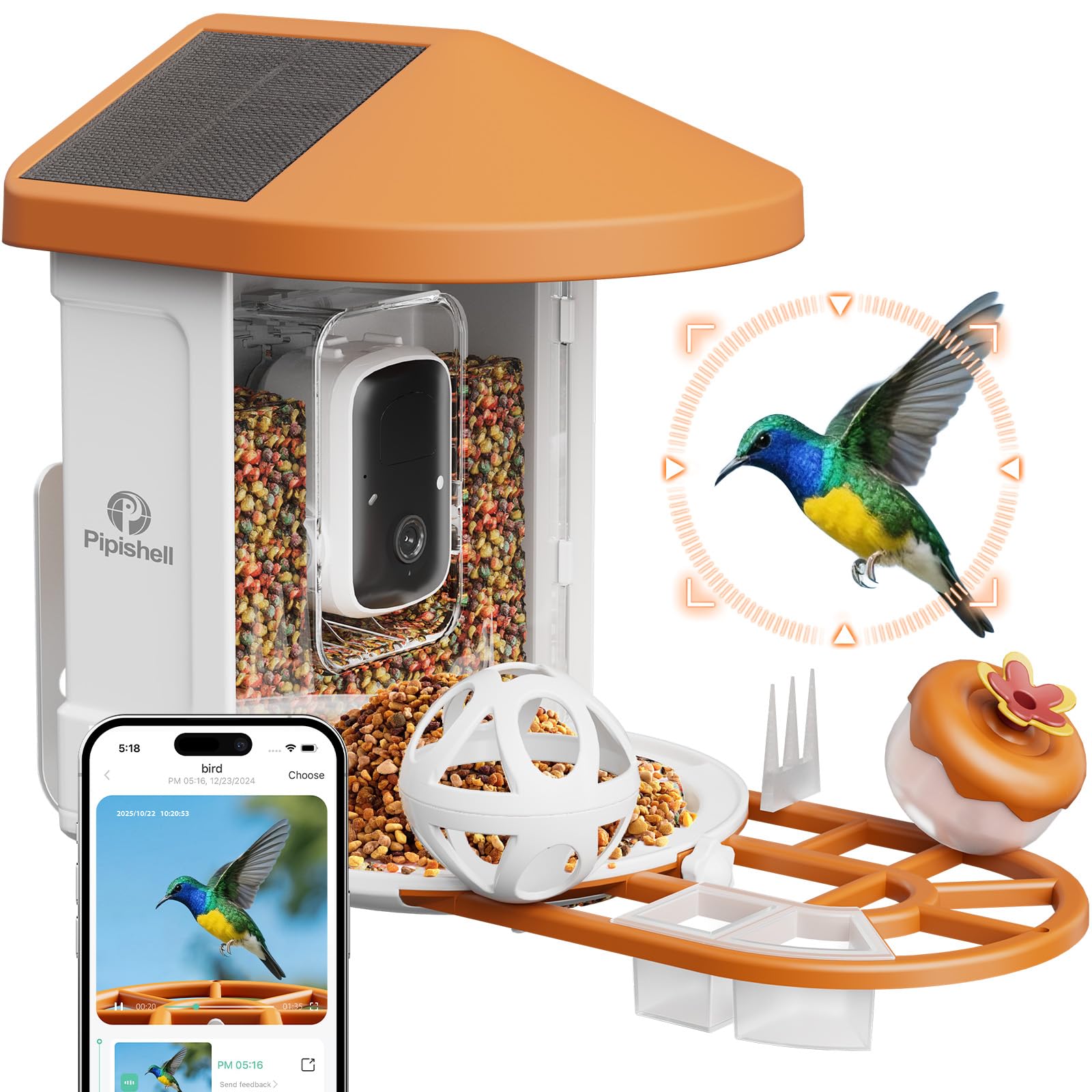 pipishell camera bird feeder for outside solar-powered smart bird feeder with camera ai identification 10000 birds species 2k live view instant visit alerts gift for birdwatching piwbf01y