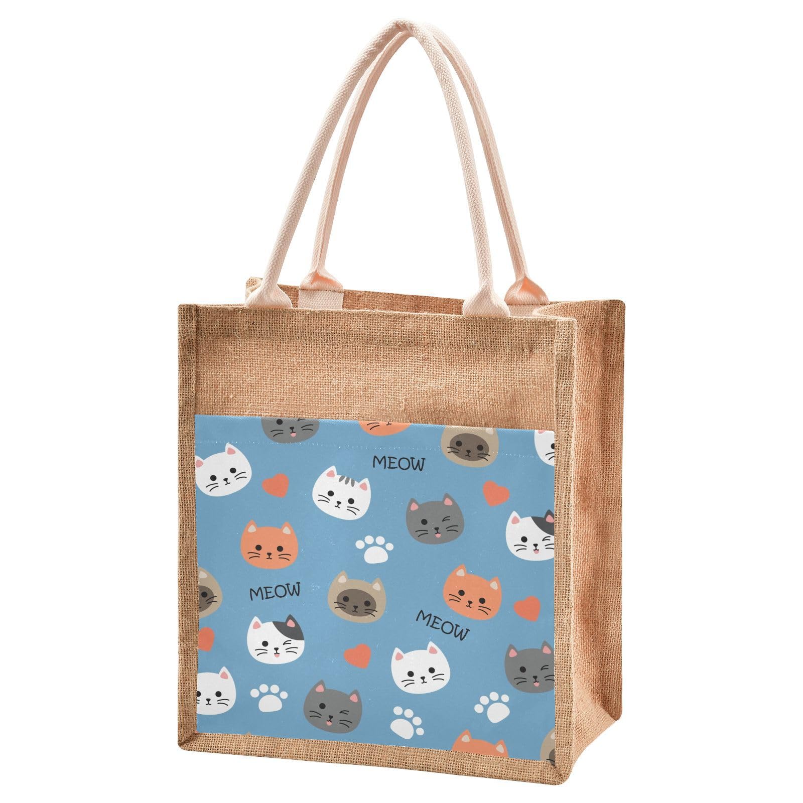 Mnsruu Burlap Jute Tote Bag Cute Cat Blue Reusable Grocery Shopping Bag Beach Tote Bag for Women Girls Bridesmaid Wedding School 30x22x15cm