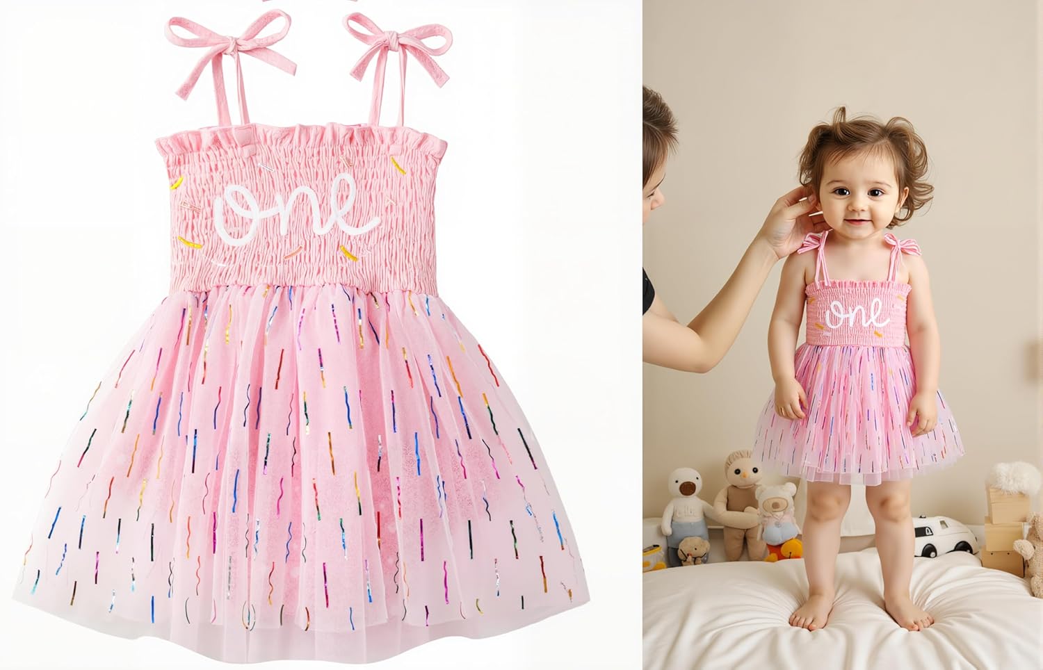 Baby Girl First Birthday Outfit Summer Sleeveless Smocked Fairy Berry One Romper Tulle Dress + Headband - Image 2