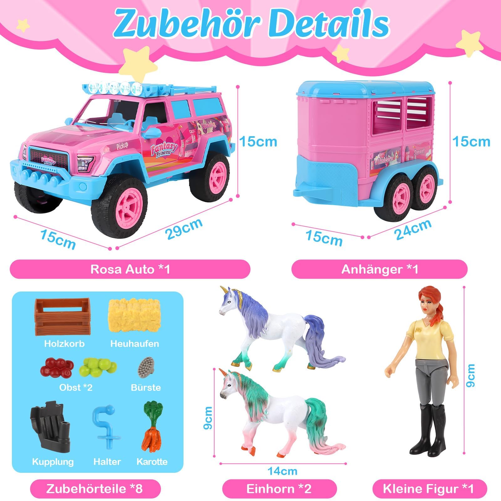 Charmofun Transporter Koni, Jeep z Różowym Transporterem Koni, Zabawka Transporter z Dźwiękami, światłami, Akcesoriami dla Koni i Modelami Jednorożców, Prezent dla Dzieci w Wieku 4 lat i Starszych