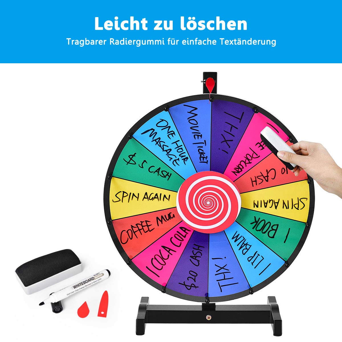 DREAMADE 18 Zoll Glücksrad zum drehen, Tischglücksrad für Lotteriespiele Wheel of Fortune Bunt, Preisrad mit Kompletten Zubehör, für Werbung Wortspiele (φ46cm 14 Farbfächer)