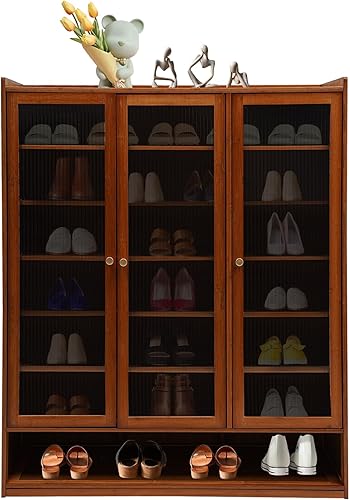 8 Tiers Bamboo Shoe Cabinet Shoe Storage Cabinet with Doors and Removable Tiers, Freestanding Shoe Rack Organizer for Hallway Living Room Balcony,