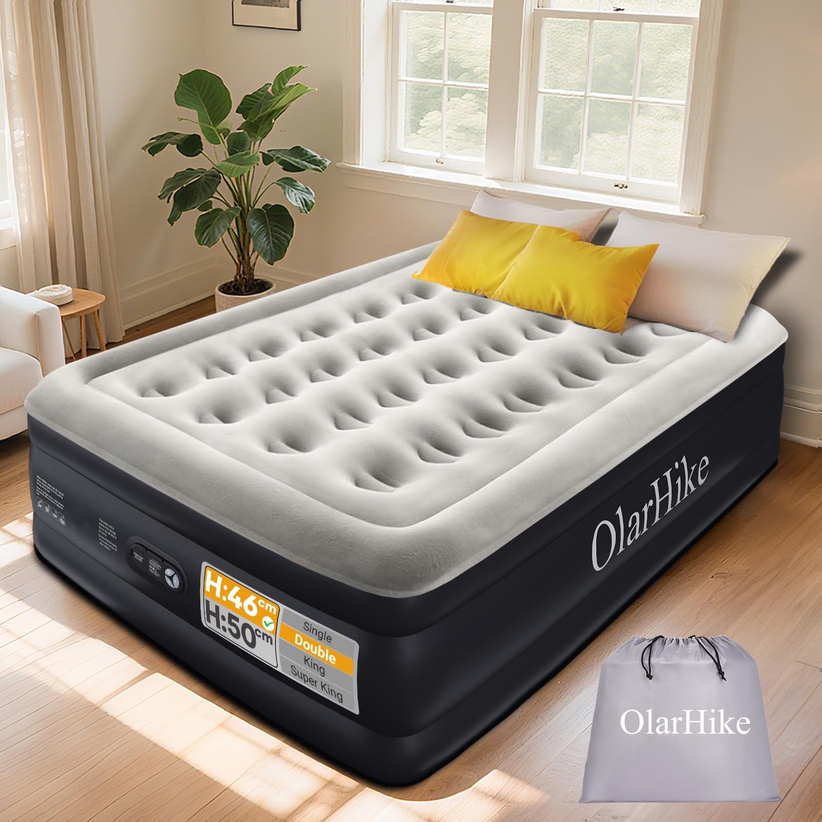 OlarHike Inflatable Mattress, Air Bed, Double Airbed with Built in Pump, Blow Up Mattress, Folding Guest Bed Self Inflating with Flocked Surface for Camping and Home Use, 190cm x 140cm x 46cm (Black)