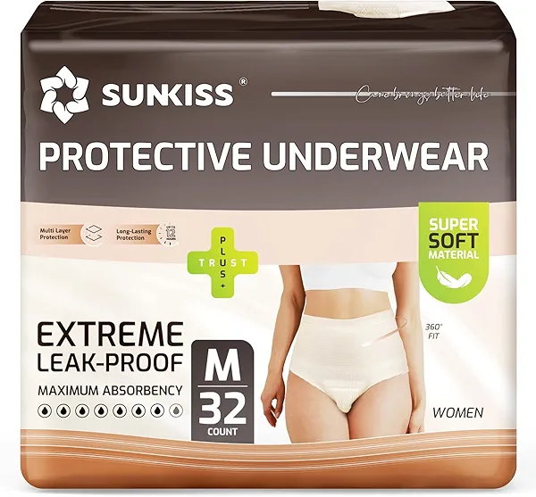 SUNKISS Women Incontinence Underwear, Daytime Disposable Postpartum Adult Panties, Protective Pull Ups with Maximum Absorbency, Medium, Beige, 32 Count