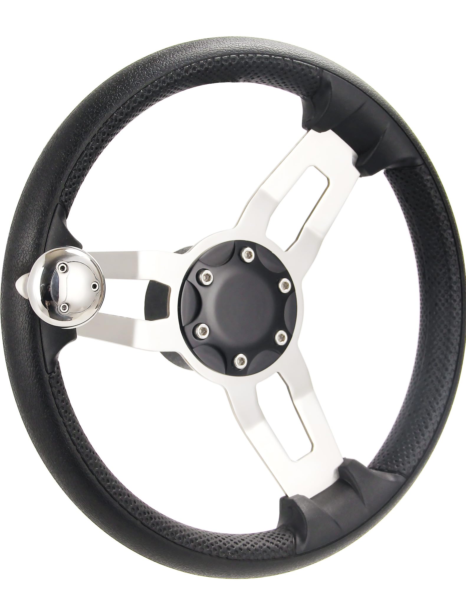 Boots-Lenkrad in Marinequalität, 34,8 cm, 3-Speichen, mit rutschfester PU-Schaum-Abdeckung, Power-Grip-Knopf und Aluminium-Montagebasis, salzwasserbeständig, universelle Passform für Boote