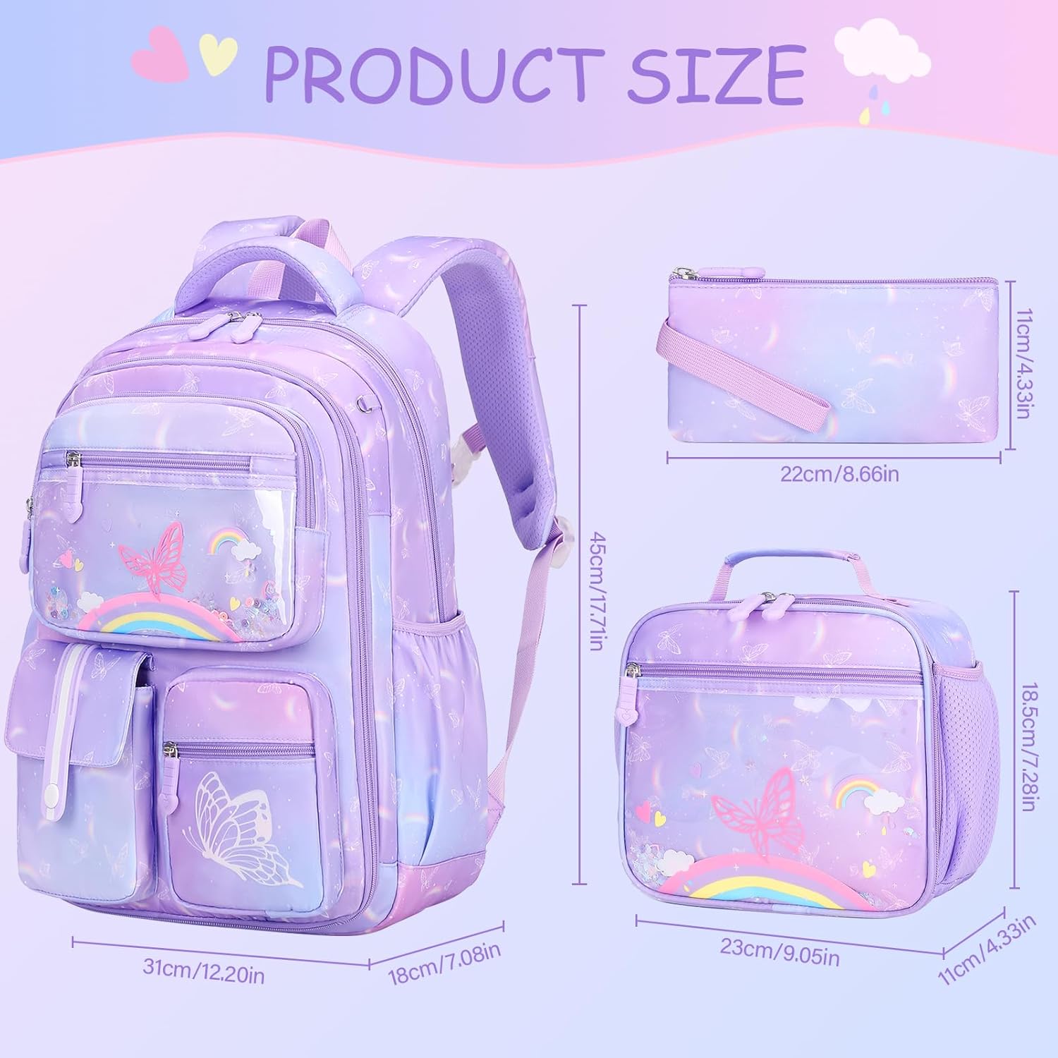 ACESAK Kids School Backpack for Girls, Bookbag Backpack with Lunch Box & Pencial Pouch Set for Girls Kids Teens Elementary Middle School Student, Girl Backpacks for Schools (Purple Rainbow)