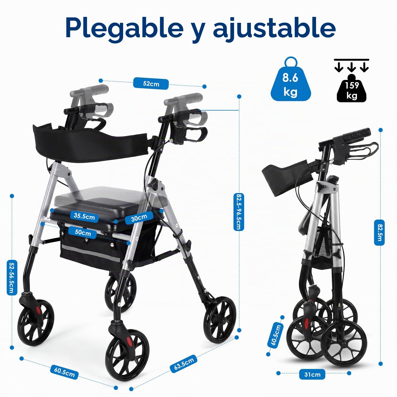Andador para Ancianos, 4 Ruedas Andadores Adultos Plegable con Asiento | para Todo Terreno, Regulable en Altura Asiento y Mango de Altura, Frenos Manuales y Bloqueables, con Bolsa de Almacenamiento