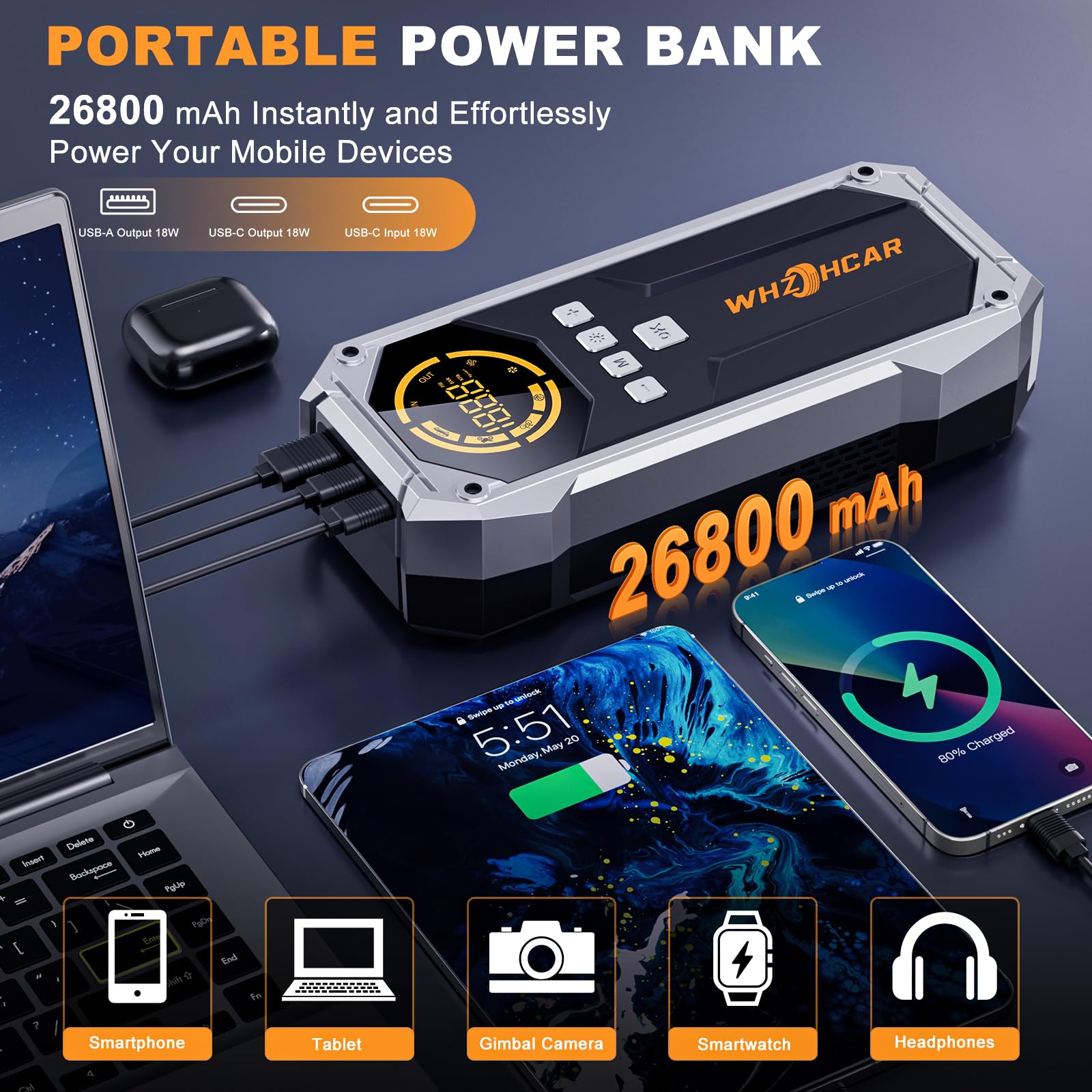 Booster Batterie Voiture 150PSI Compresseur d’Air Booster Batterie Voiture Puissant 12V Jump Starter pour Véhicule Pack avec Power Bank Pinces de Sûreté Intelligentes Lampe à LED Image du produit 6