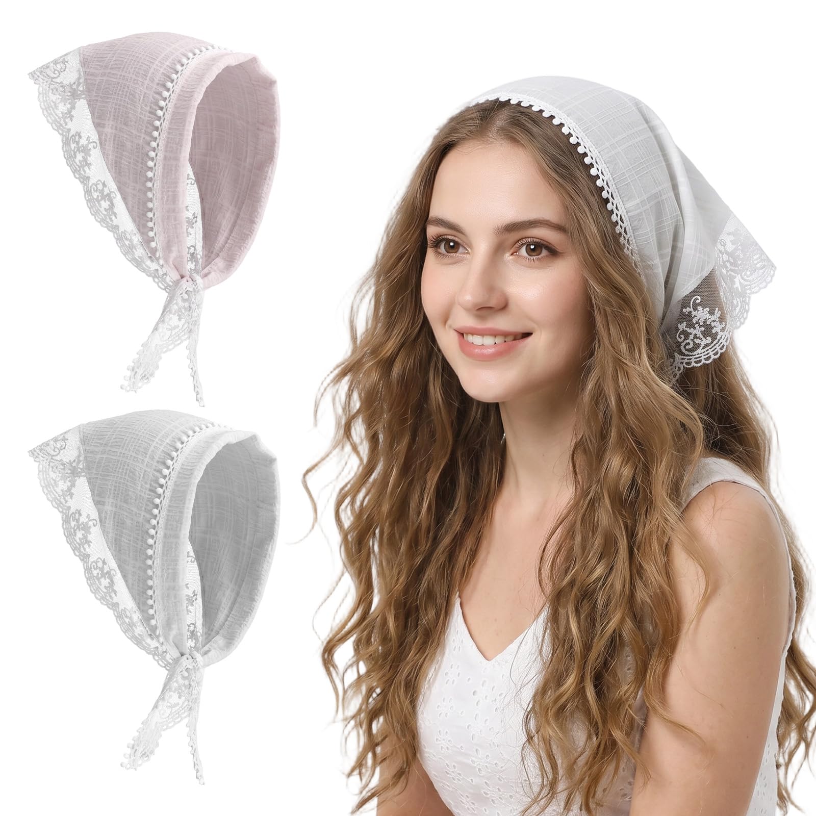 2er-Pack Spitzen-Bandanas, Kopftuch für Damen, süßes, stylisches Dreiecks-Kopftuch, weißes Haarband für Hochzeiten, Braut-Accessoires fur Frühling und Sommer (Weiß/Rosa)