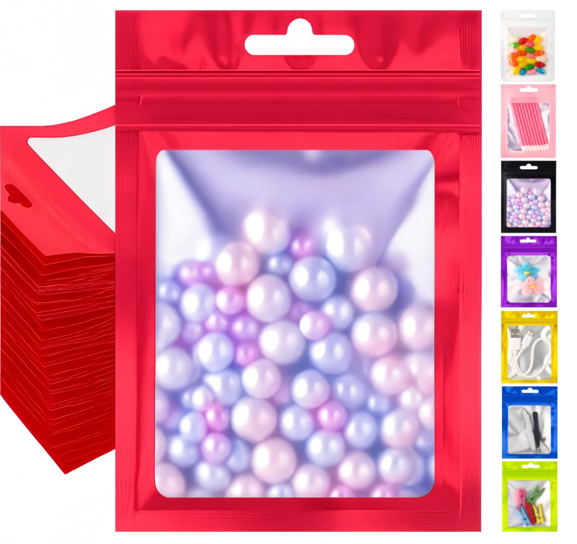 Plaphy 100-Pack Resealable Mylar Bags with Window, Ziplock Sample Bags, Aluminium Foil-Lined Pouches with Hang Hole for Food Storage, Accessories Packaging & Retail (Red, 4.1 x 5.9 inches)