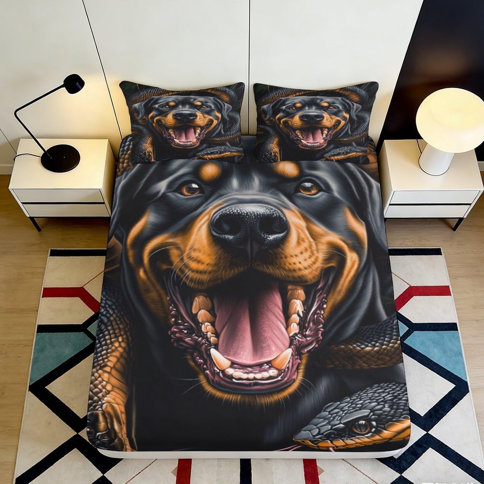 3D Printed Rottweiler Dog Fitted Sheet Microfiber Soft Black Animal Snake Pattern Mattress Cover for Bedroom Guest Room 140x200x25cm