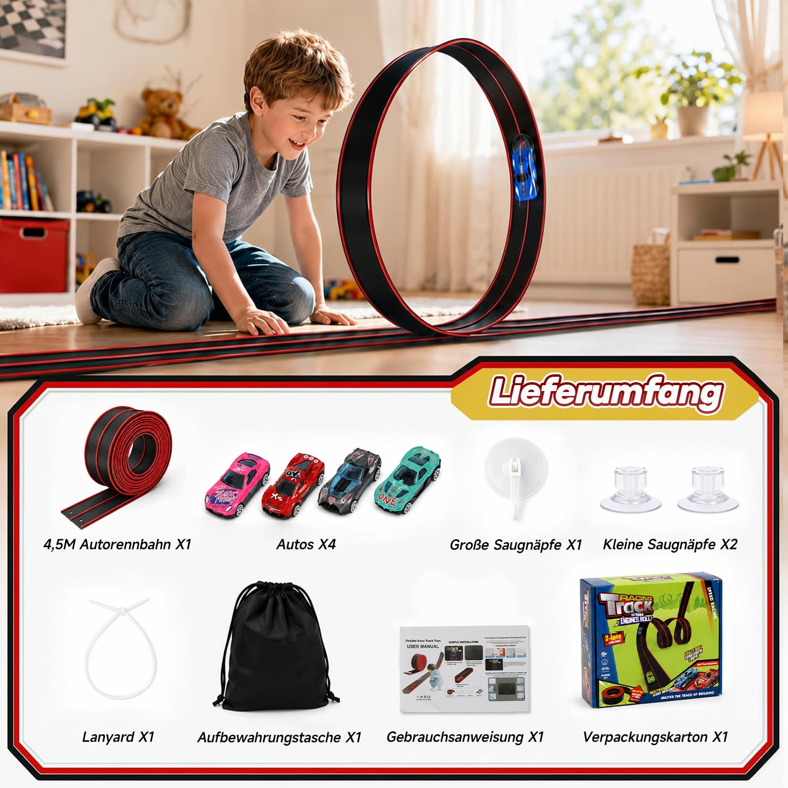 Pista da corsa flessibile per bambini, pista da corsa da 4,5 m, include 4 auto, doppia pista portatile per auto 1:64, regalo giocattolo per bambini dai 3 anni in su, regalo per interni ed esterni