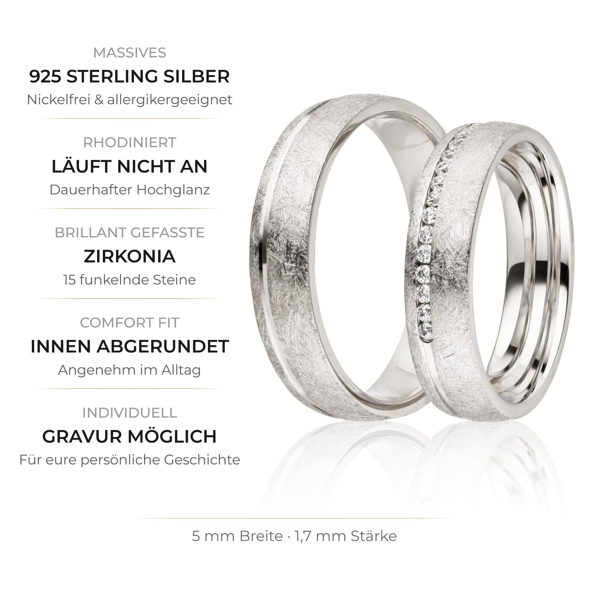 Kolibri Rings Silber Paarpreis Eheringe Eismatt Rhodiniert 15 Zirkonia Steine Trauringe Partnerringe Freundschaftsringe - Gratis Gravur und Etui